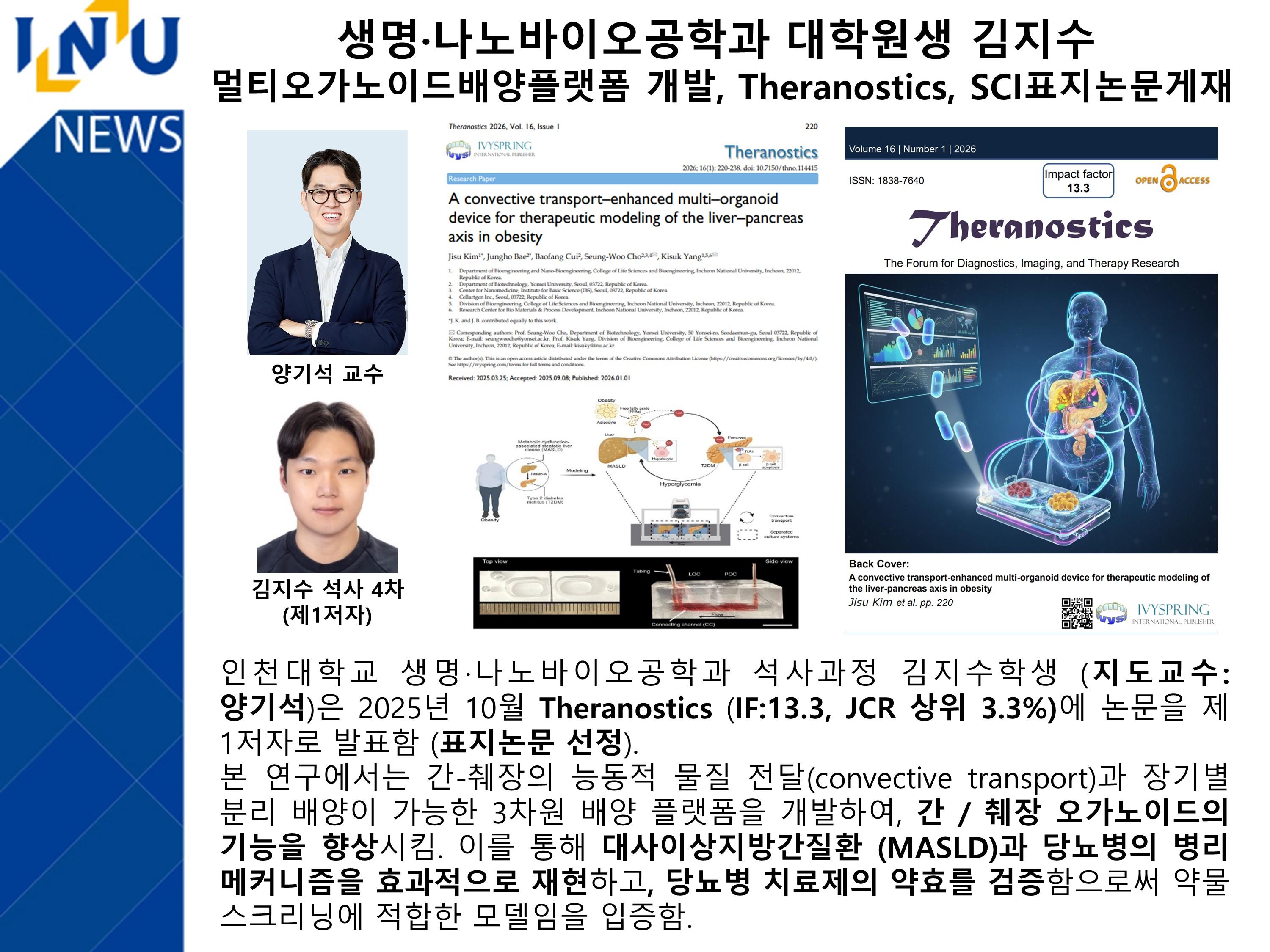 [2025년]생명·나노바이오공학과 대학원생 김지수  멀티오가노이드배양플랫폼 개발, Theranostics, SCI표지논문게재 대표이미지