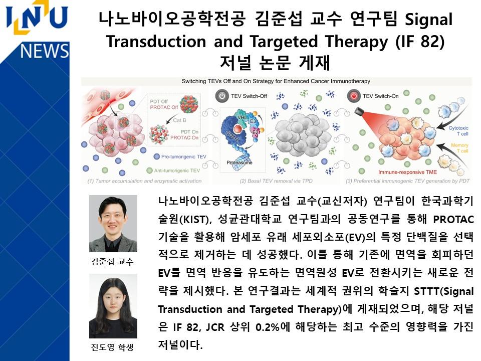 나노바이오공학전공 김준섭 교수 연구팀 Signal Transduction and Targeted Therapy (IF 82) 저널 논문 게재 대표이미지